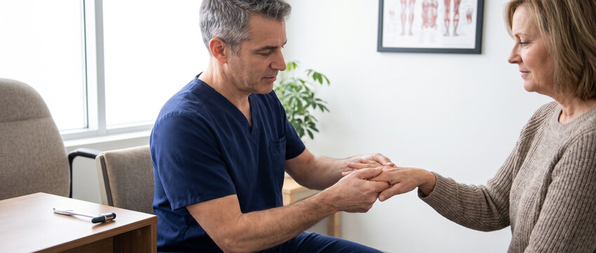 Rheumatologist examines mature patient&rsquo;s hand and finger joints, assessing mobility and tenderness to support arthritis diagnosis, joint health, chronic care and treatment planning.