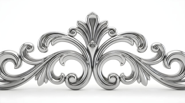 Vintage silver ornamental flourish design, metallic baroque scrollwork border, elegant rococo element for decorative luxury framing