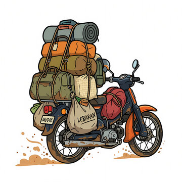 Vector illustration of a classic motorcycle heavily loaded with luggage and sacks for the traditional mudik homecoming journey during the holiday season in Southeast Asia