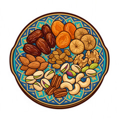 Obraz premium Vector illustration of a decorative plate featuring an assortment of dried fruits and nuts, including dates, apricots, figs, raisins, almonds, pistachios, walnuts, and cashews.