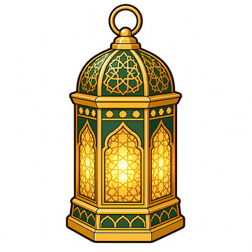 Vector illustration of a decorative Islamic lantern with intricate gold geometric patterns and green accents, glowing fanous lamp for Ramadan Kareem and Eid Mubarak celebrations.