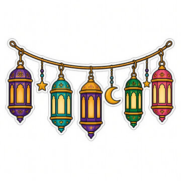 Vector illustration of a decorative paper lantern string with crescent moon and stars, festive Islamic ornaments for Ramadan and Eid celebration, colorful fanous garland on white