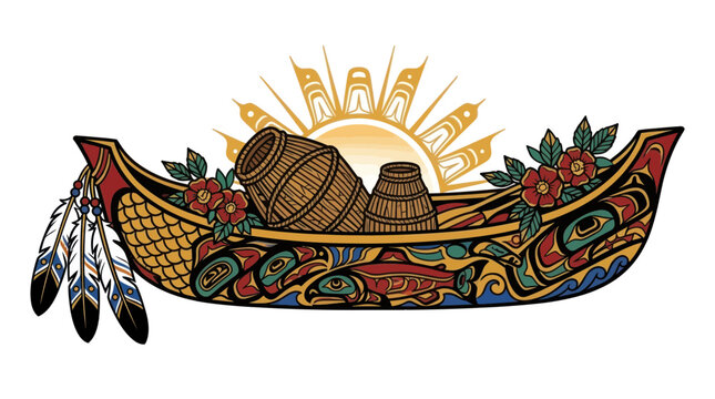 Tribal Canoe with Sun and Barrels, Indigenous Art Style