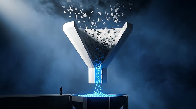 Abstract funnel industrial mechanism filtering digital particles in a dark blue atmospheric setting