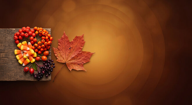 Autumn background with dry maple leaf candy corn and wild berries on rustic wooden board with copy space