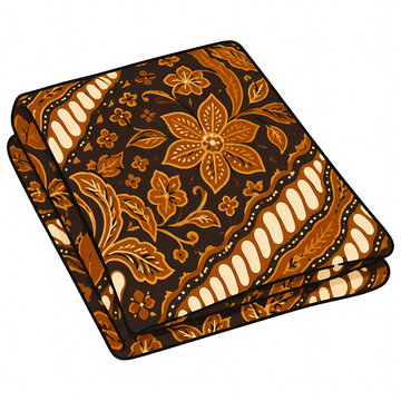 Vector illustration of a folded traditional Indonesian batik cloth featuring classic brown floral and parang motifs, representing Javanese cultural heritage and ethnic textile art