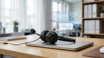 Obraz premium Help desk technology concept with a headset on a laptop and digital online chat interface.