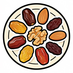 Obraz premium Vector Illustration of a Plate of Assorted Dried Fruits and Nuts Including Dates Walnuts Almonds and Raisins Arranged for a Healthy Snack and Mediterranean Diet Concept