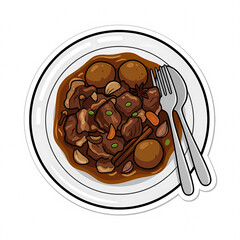 Obraz premium Vector Illustration of a Plate of Semur Beef, Traditional Indonesian Slow-Cooked Beef Stew with Sweet Soy Sauce, Spices, and Potatoes, Top View Isolated Sticker on White Background