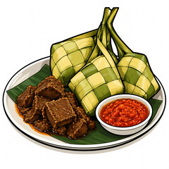 Obraz premium Vector illustration of a plate of traditional Indonesian ketupat rice cakes served with spicy beef rendang and red chili sambal on a banana leaf, isolated on a white background.