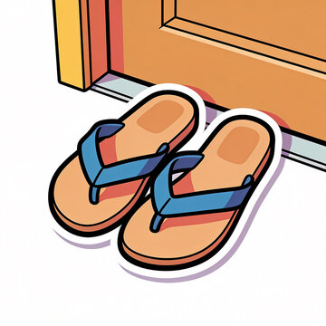 Vector illustration of a pair of casual flip-flop sandals with blue straps placed neatly at the entrance of a house door, representing relaxation, summer vibe, and home comfort.