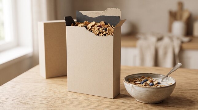 Kraft Paper Cereal Box Packaging Mockup with Bowl of Granola Flakes and Milk
