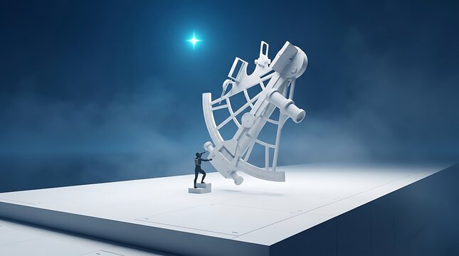 Person operating a giant metallic sextant on a flat platform under bright light in dark blue space