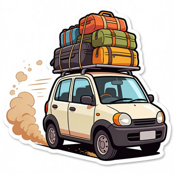 Vector illustration of a small compact car packed with colorful luggage on a roof rack driving fast with dust trail, travel and vacation road trip concept isolated on white background