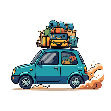 Vector illustration of a small teal car overloaded with luggage and camping gear on its roof rack, driving fast and kicking up dust, representing travel, road trips, and moving.
