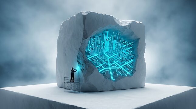 Person standing on a ladder examining a large stone cube with a glowing blue digital core inside