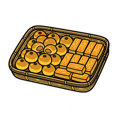 Obraz premium Vector illustration of a traditional Indonesian Lebaran snack tray filled with Nastar pineapple tarts and Kastengel cheese cookies, festive assorted food for Eid al-Fitr celebration.