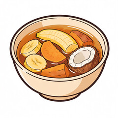 Obraz premium Vector Illustration of a Traditional Indonesian Sweet Fruit Compote or Kolak with Banana Slices, Coconut, and Sweet Potato in a Bowl, Isolated on White for Culinary Design
