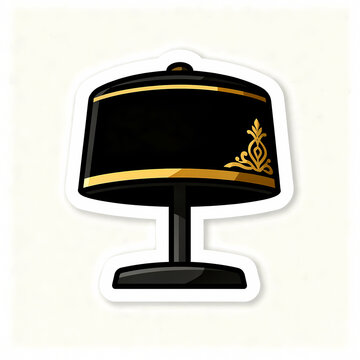 Vector Illustration of a Traditional Indonesian Peci Songkok Cap, Black Velvet Male Headwear with Elegant Gold Embroidery and Trim, Symbol of Culture and Religion, Isolated Sticker
