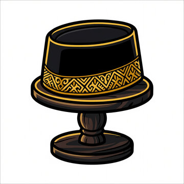 Vector Illustration of a Traditional Male Black Peci Songkok Cap with Golden Ornamental Pattern on a Wooden Stand, Isolated on White Background for Cultural and Religious Design