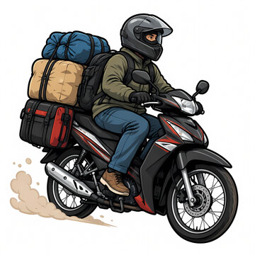 Vector illustration of a traveler riding a motorcycle heavily loaded with stacked luggage, bags, and sacks for a traditional annual homecoming journey on a white background.