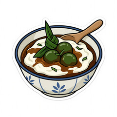 Obraz premium Vector illustration of Bubur Sumsum, a traditional Indonesian rice flour pudding dessert served in a decorative ceramic bowl with palm sugar syrup, green rice balls, and a pandan leaf.