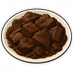 Obraz premium Vector illustration of delicious Indonesian beef rendang, a traditional spicy slow-cooked meat curry served on a ceramic plate, isolated on white background for food menu design.