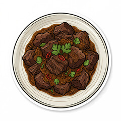 Obraz premium Vector Illustration of Indonesian Beef Rendang, a Traditional Spicy Slow-Cooked Meat Dish Served on a Ceramic Plate with Chili and Herbs Garnish, Isolated on White Background.