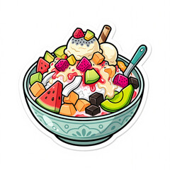 Obraz premium Vector illustration of Indonesian Es Buah, a colorful bowl of refreshing fruit cocktail with shaved ice, assorted tropical fruits, dragon fruit, watermelon, avocado, and ice cream.