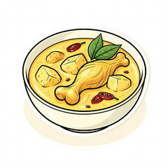 Obraz premium Vector illustration of Indonesian Opor Ayam, a traditional yellow chicken curry in coconut milk served in a bowl with drumstick, tofu, and chili garnish, isolated on white background.