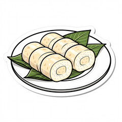 Obraz premium Vector Illustration of Sliced Lontong Rice Cake Served on Banana Leaves on a White Plate, Traditional Indonesian and Southeast Asian Compressed Rice Food Isolated on White Background