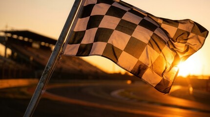 Obraz premium The finish line of a race car rally featuring a waving checkered flag at sunset.