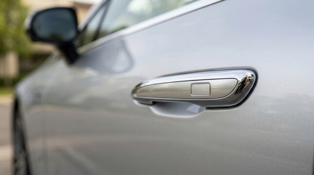 Modern luxury electric vehicle with a high-tech keyless door handle and integrated touch sensor.