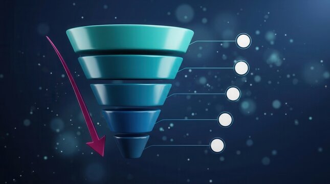 Business strategy and data flow concept featuring a 3D funnel diagram with descending stages.