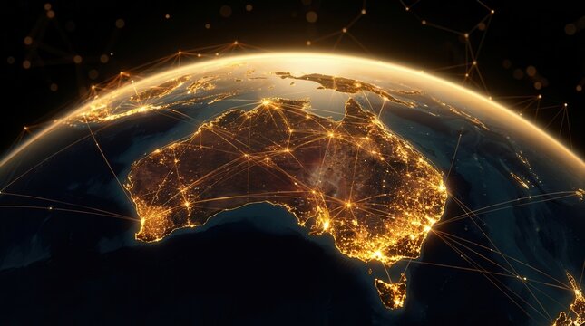A view of Australia's nighttime city lights connected by glowing network lines for technological advancement.