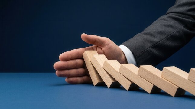 Risk management concept showing a hand stopping falling domino wooden blocks.