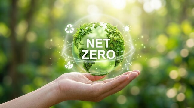 Ecology concept showing a hand supporting a net zero earth globe for a sustainable A green earth globe representing carbon neutral and net zero ecology goals held by a hand.