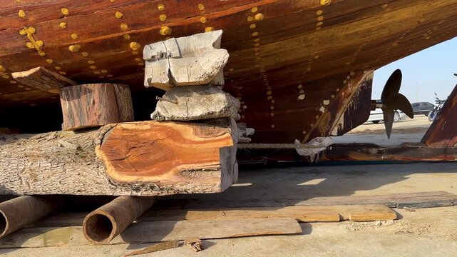 Wooden dhow boat hull supported by thick logs during maintenance in a shipyard.