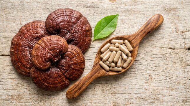 Holistic health concept with dried Ganoderma lingzhi mushrooms and herbal medicine capsules in a wooden spoon.