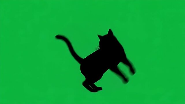 Black Cat Silhouette on Green Screen Background - A simple black silhouette of a cat in profile, with its tail curved upwards, is shown against a solid green screen.