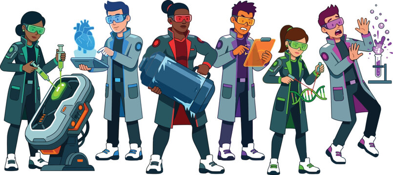 Futuristic scientist characters in lab coats, diverse team of researchers with sci-fi technology, modern laboratory staff vector illustration