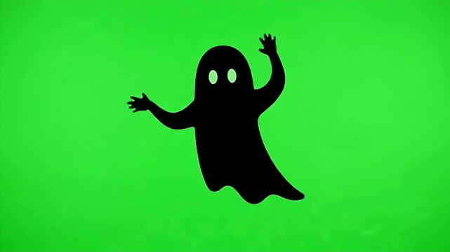 Black Ghost Silhouette on Green Screen Background - A playful 2D black silhouette of a ghost with glowing eyes waves its arms on a bright green screen background.