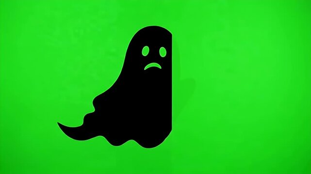 Sad Ghost Silhouette on Green Screen Background - A black 2D silhouette of a sad ghost peeks from behind a curve on a vibrant green screen background.