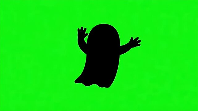 Silhouette Ghost Waving on Green Screen - A black 2D silhouette of a friendly ghost is centered on a vibrant green screen background.