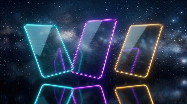 SaaS marketing pricing tier panels featuring 3D design and neon glowing edges in deep space.