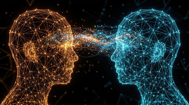 Glowing lines connect two human faces in a digital environment for conceptual idea exchange.