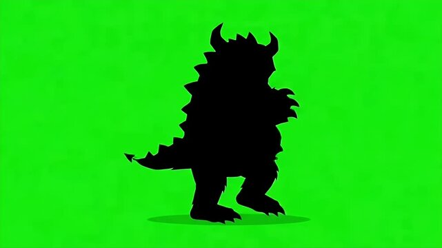 Silhouette Monster on Green Screen Background - A black, 2D silhouette of a spiky monster with horns and sharp claws stands against a vibrant green screen background.