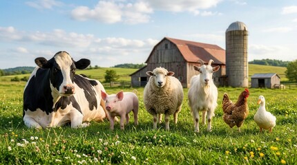 Obraz premium Diverse farm livestock including a cow, sheep, pig, and goat in a sunny green field.