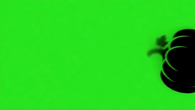 Black Silhouette Pumpkin Rolling on Green Screen Background - A simple 2D black silhouette of a pumpkin with its stem and leaf rolls across a bright green screen.
