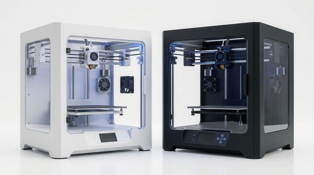 Two high-tech 3D printers with injector nozzles, one white and one black.